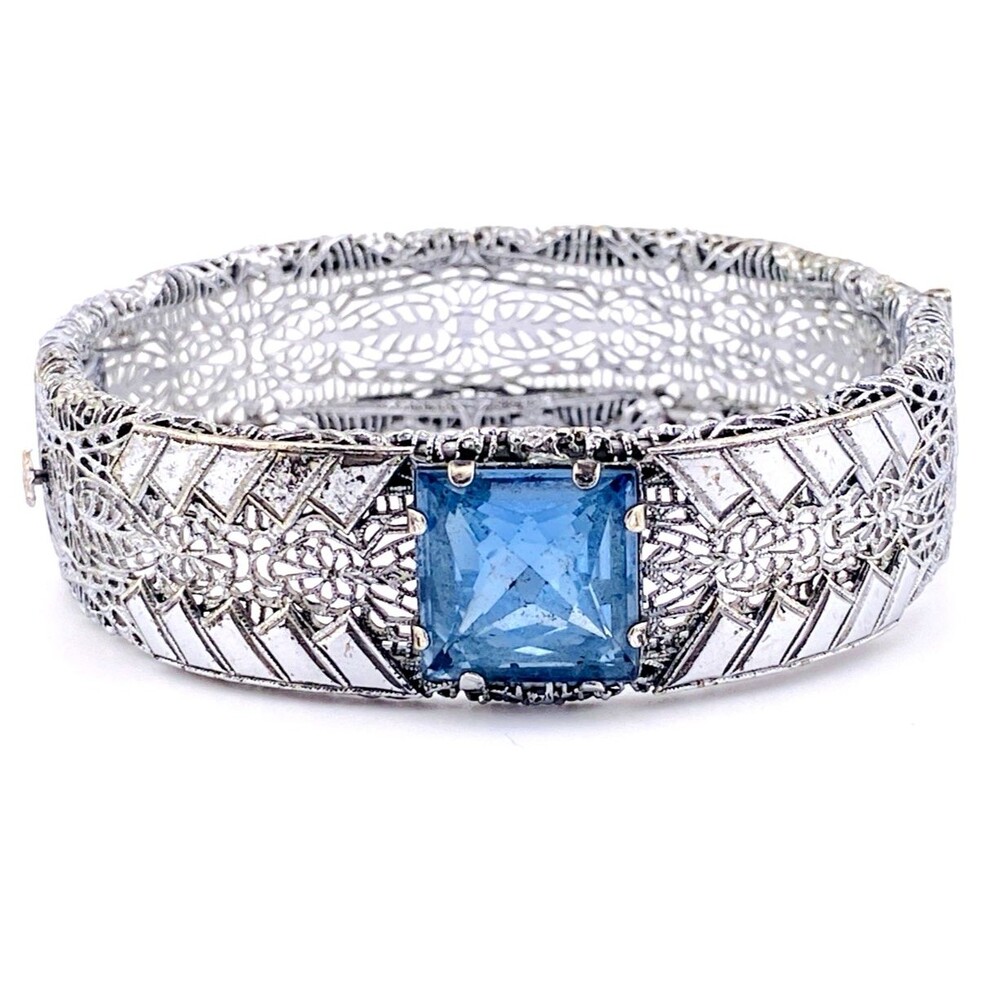 Antique Ostby & Barton Art Deco Sterling Silver Filigree Bracelet Blue Glass